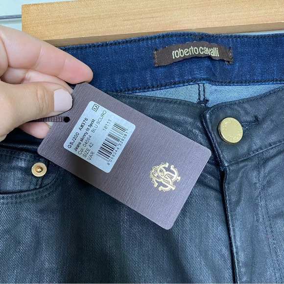 ✨NWT Roberto Cavalli Black Blue Mid Rise Coated Skinny Jeans Women's Size 6 - Picture 5 of 12